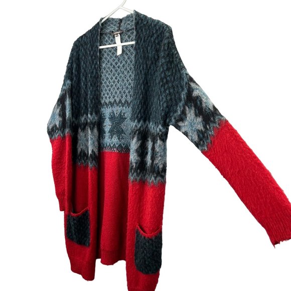 Kerisma Nordic Fair Isle Cardigan Sweater Wool Blend S/M Red Black Blue Oversize - Picture 2 of 4